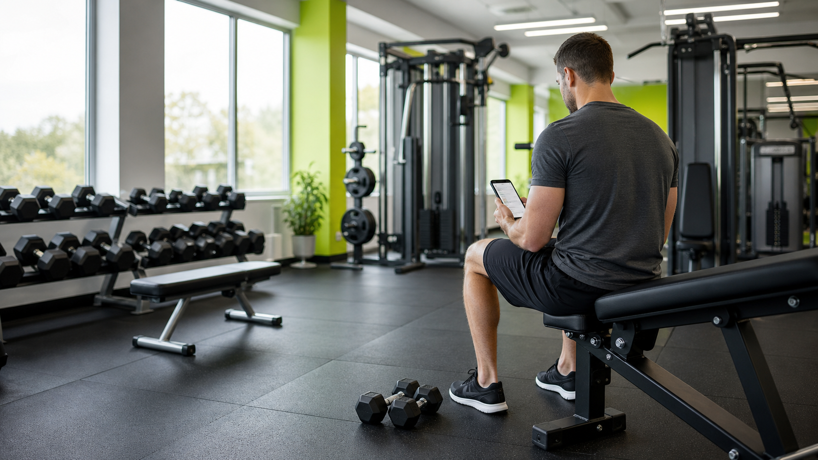 Beginner reviewing a workout plan in a bright modern gym