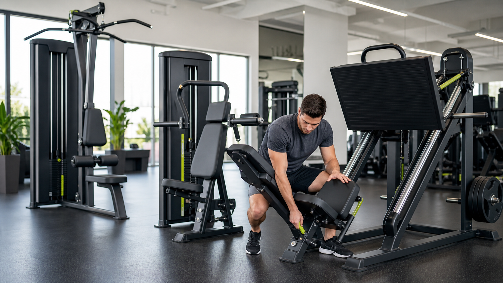 Beginner adjusting a leg press machine in a modern gym