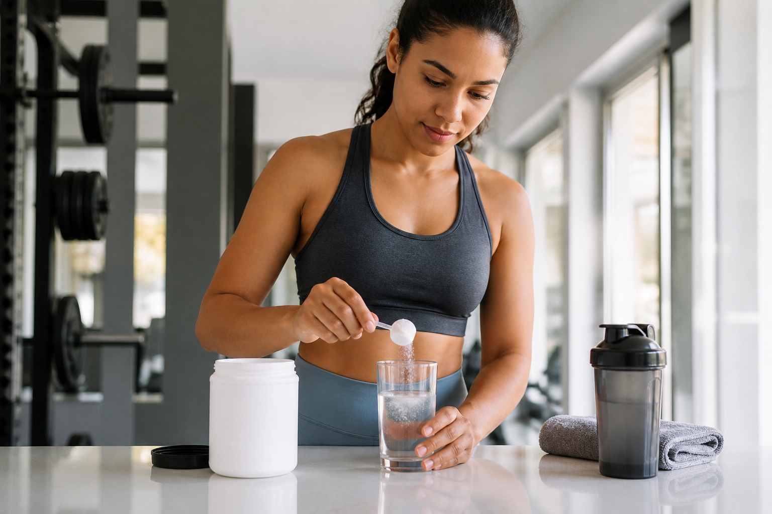 Woman mixing a measured scoop of creatine monohydrate into water