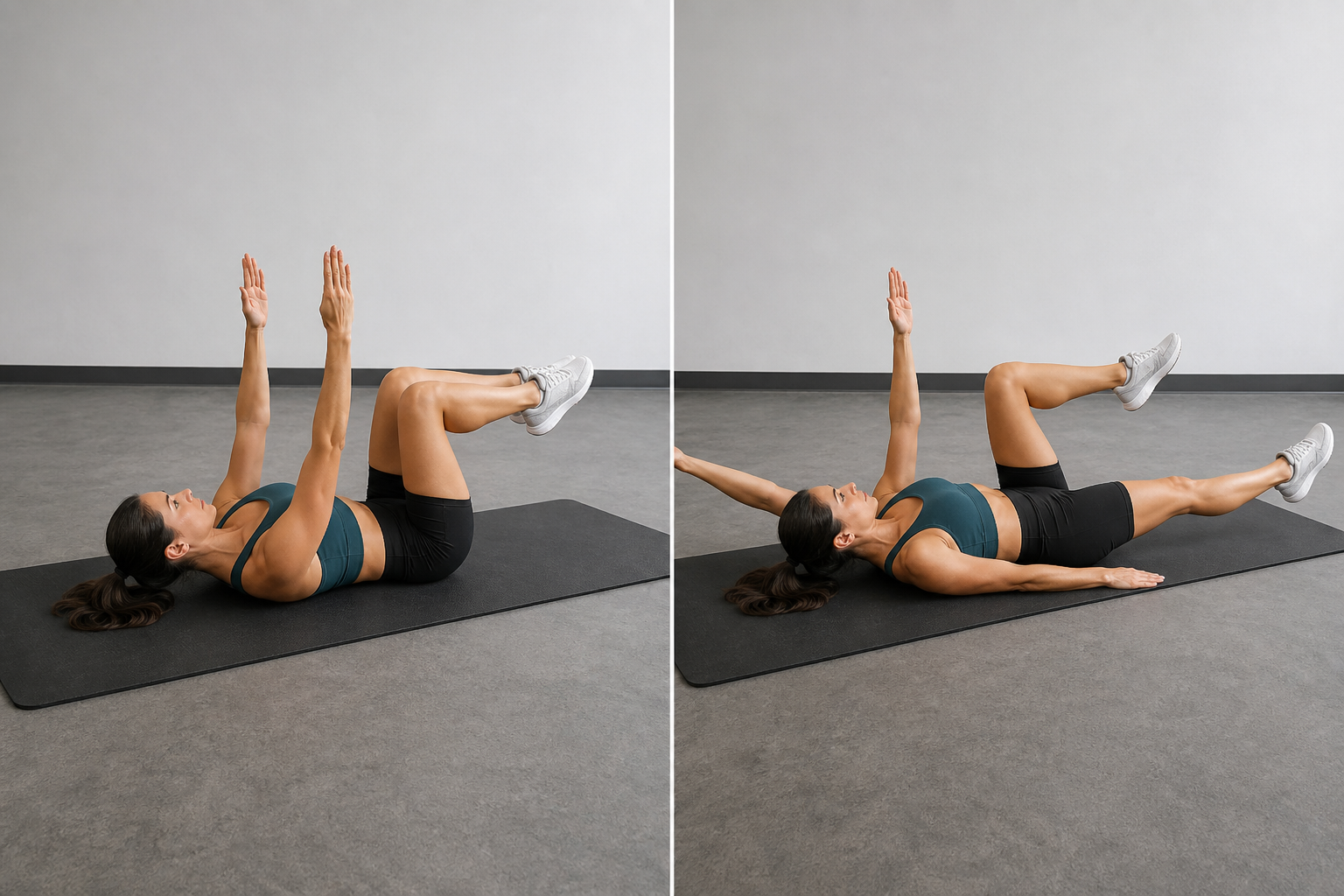 Dead bug exercise start and opposite arm-and-leg extension positions