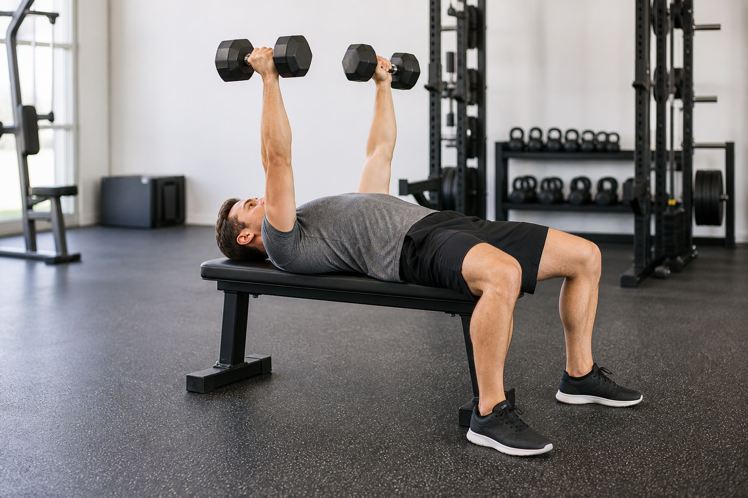 Beginner performing a controlled dumbbell bench press in a gym