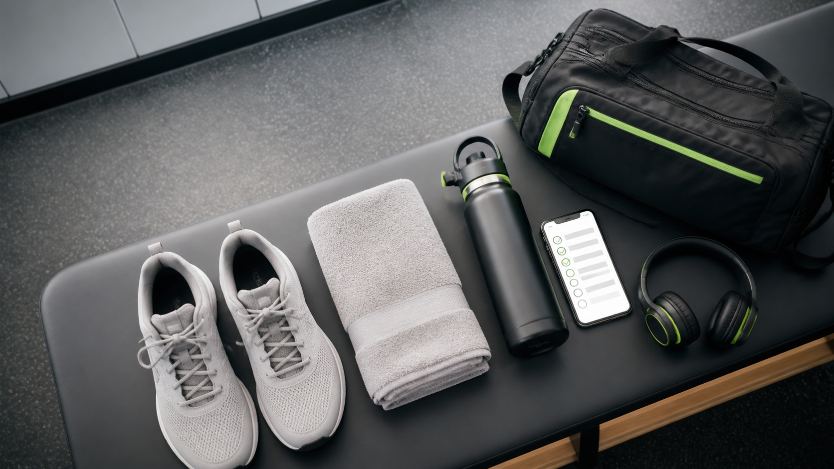 Gym bag, workout shoes, towel, water bottle, and checklist ready for a first gym visit