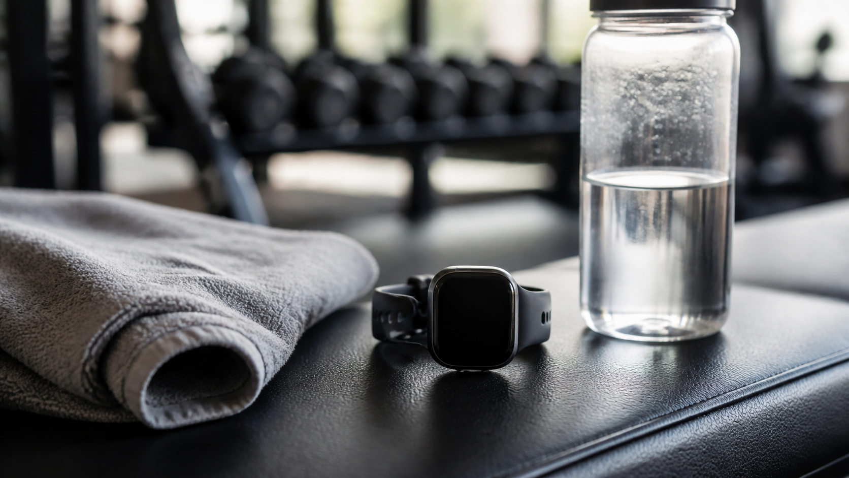 Generic fitness watch beside a gym water bottle and towel