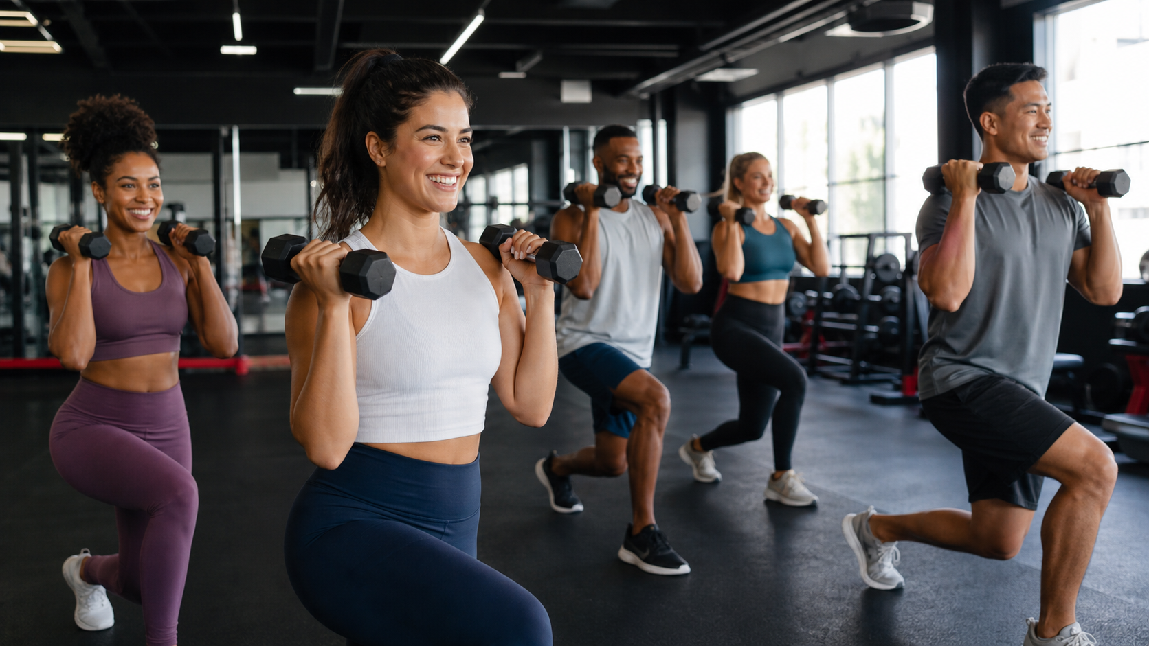 Energetic beginner-friendly group fitness class in a commercial gym