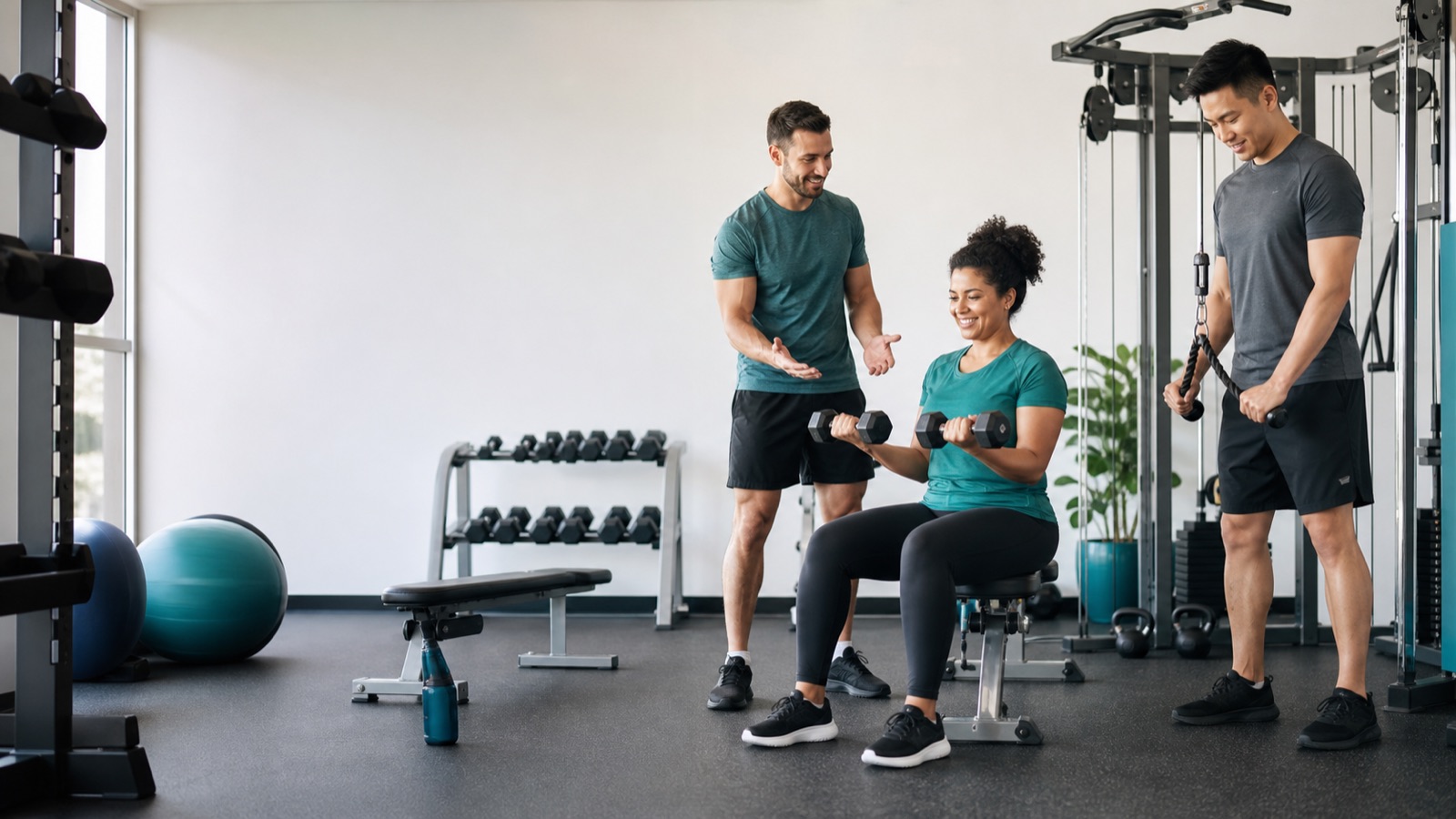 Beginners learning simple strength exercises with support in a welcoming gym