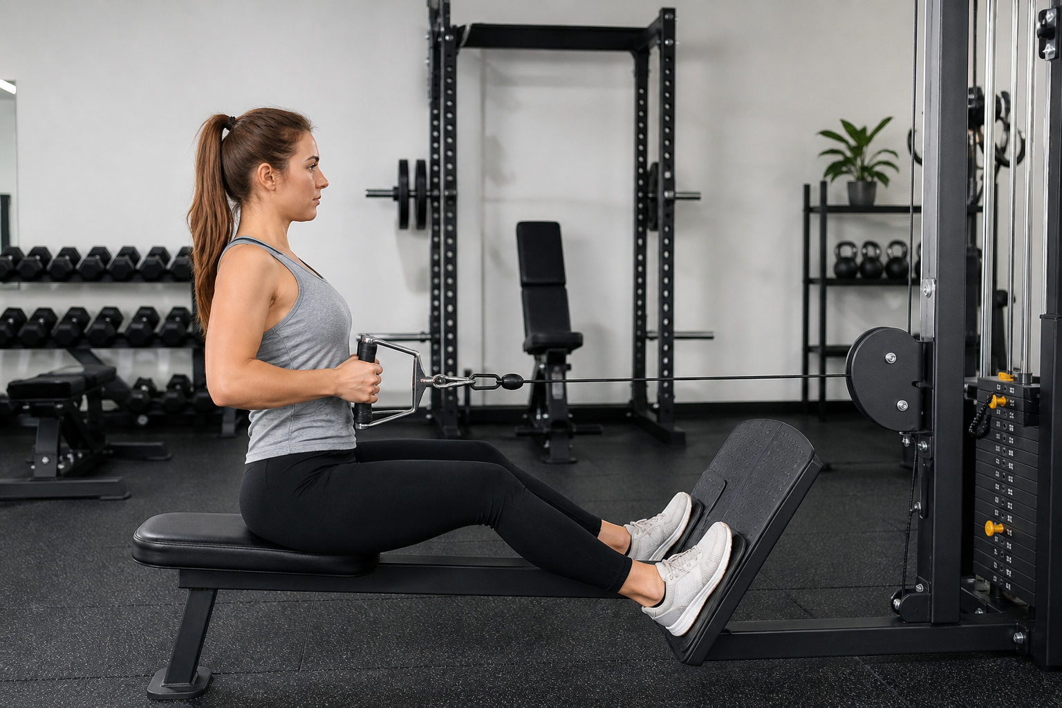 Beginner using a seated cable row with a neutral spine