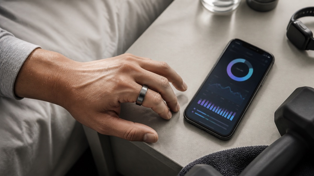 Smart fitness ring beside a phone displaying recovery and sleep trend charts