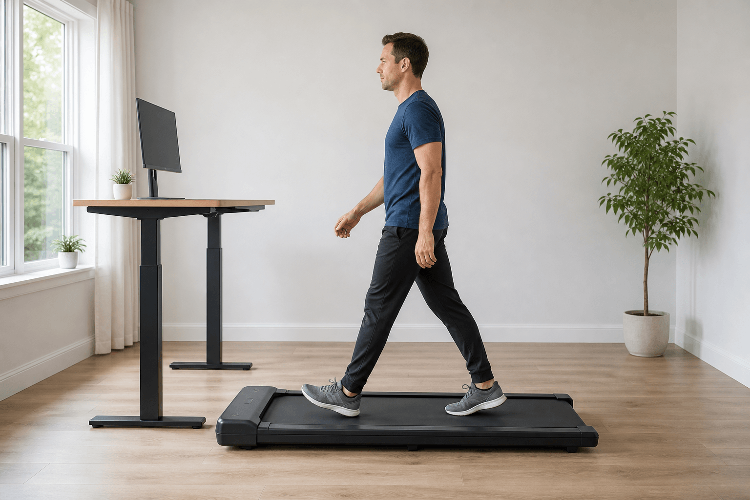 Beginner demonstrating upright posture and clear space on a walking pad