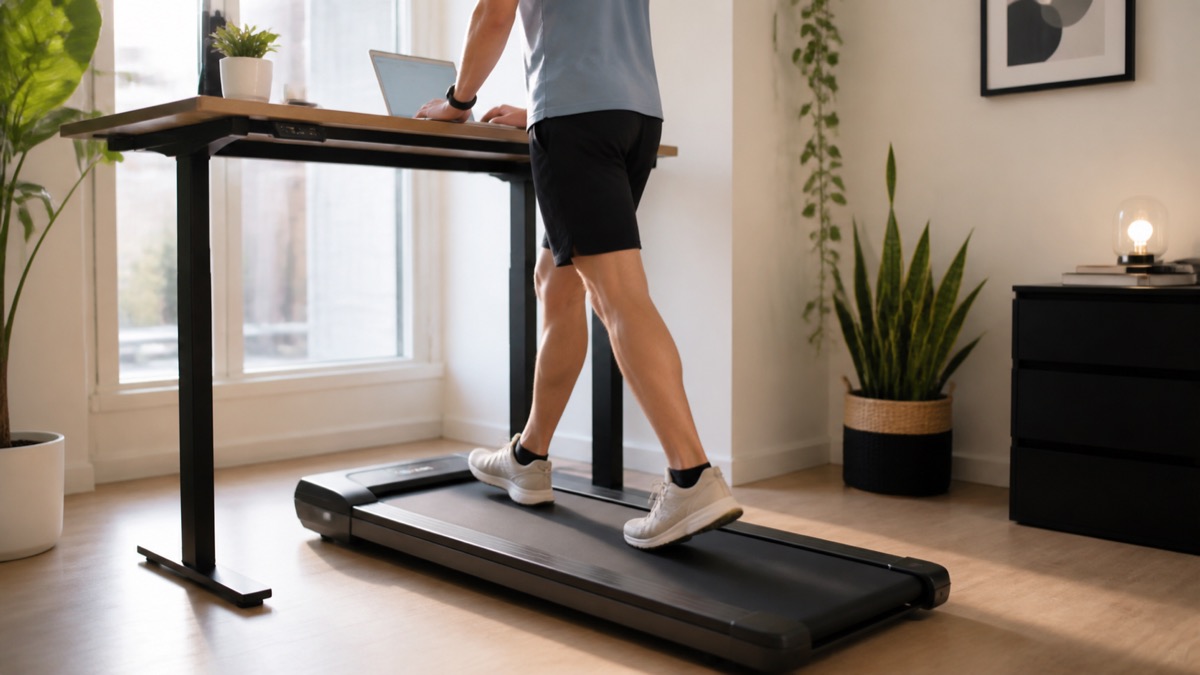 Person using a compact walking pad beneath a standing desk in a bright home office