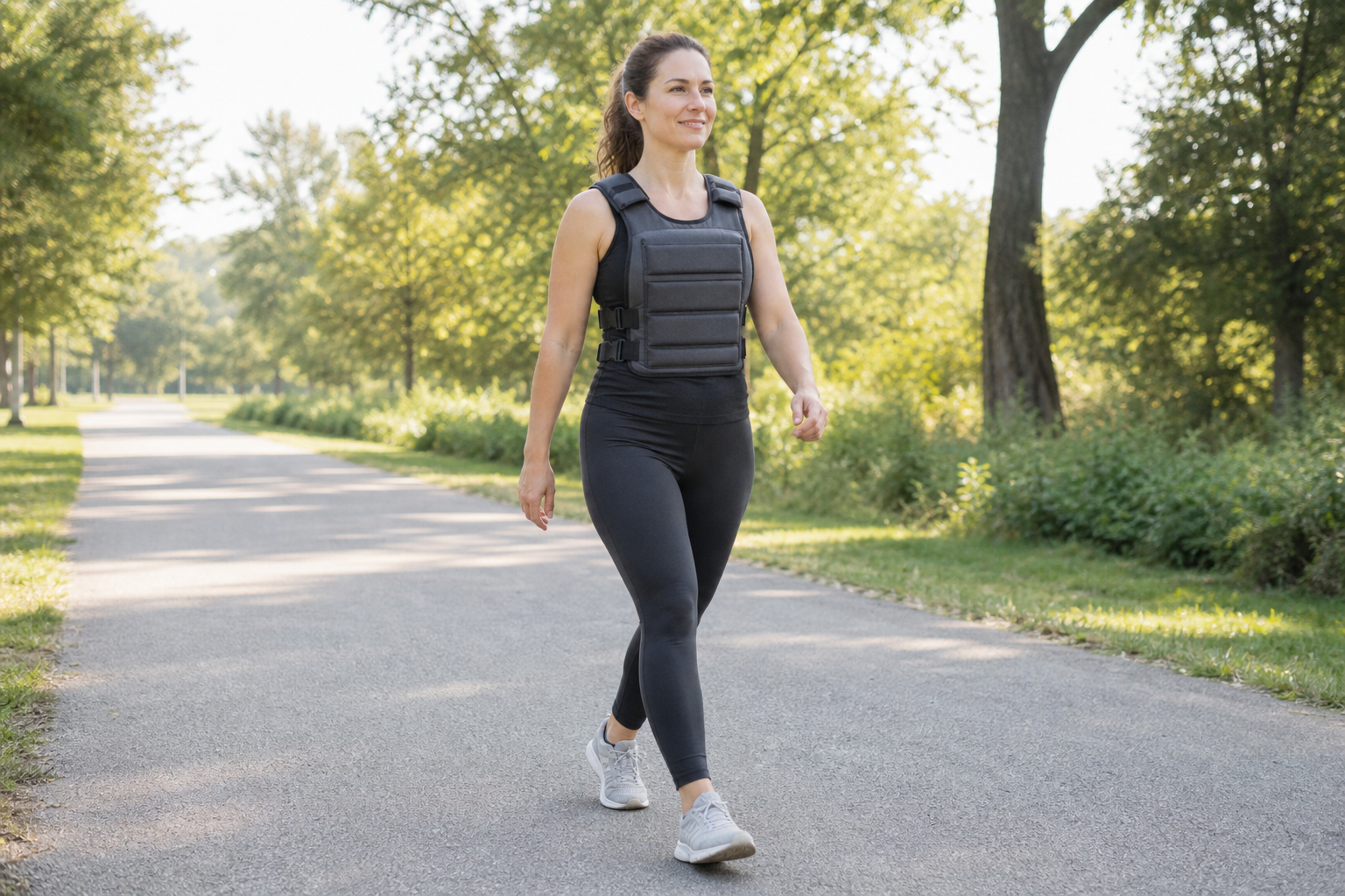 Woman demonstrating upright weighted vest walking form on a level park path