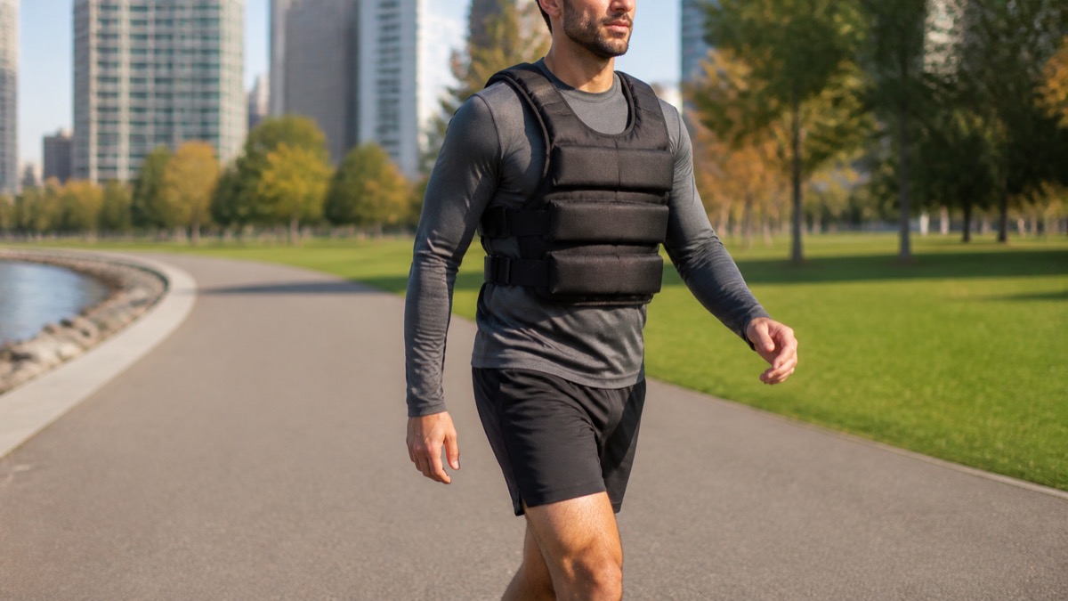 Person wearing a fitted weighted vest during an outdoor fitness walk