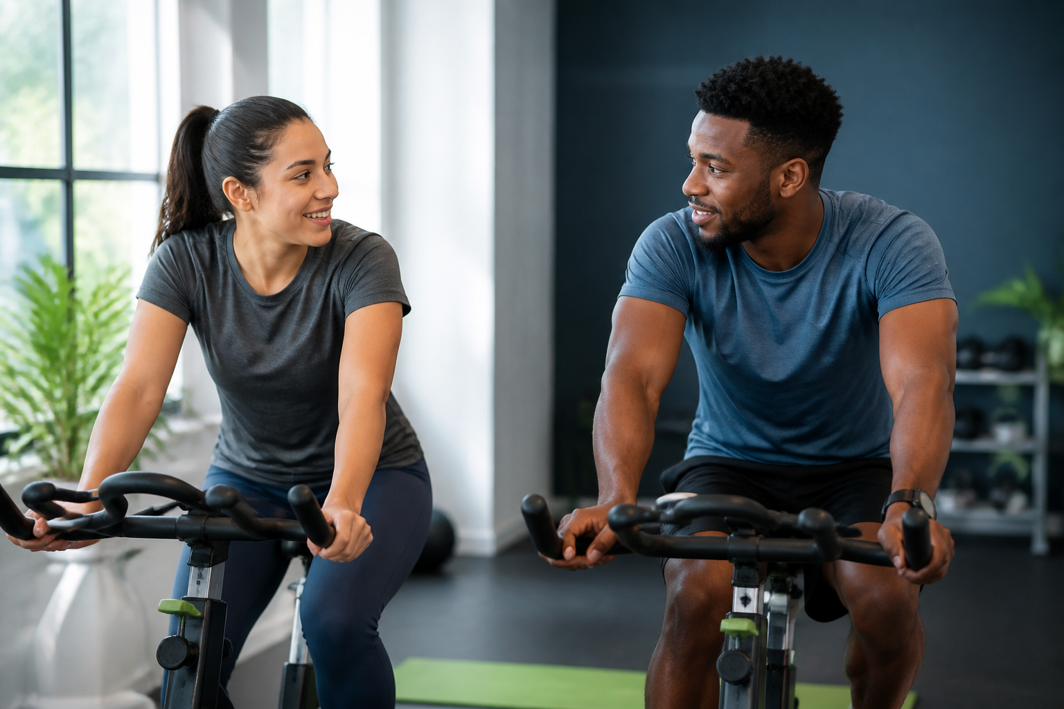 Two beginners talking comfortably during Zone 2 cardio on stationary bikes