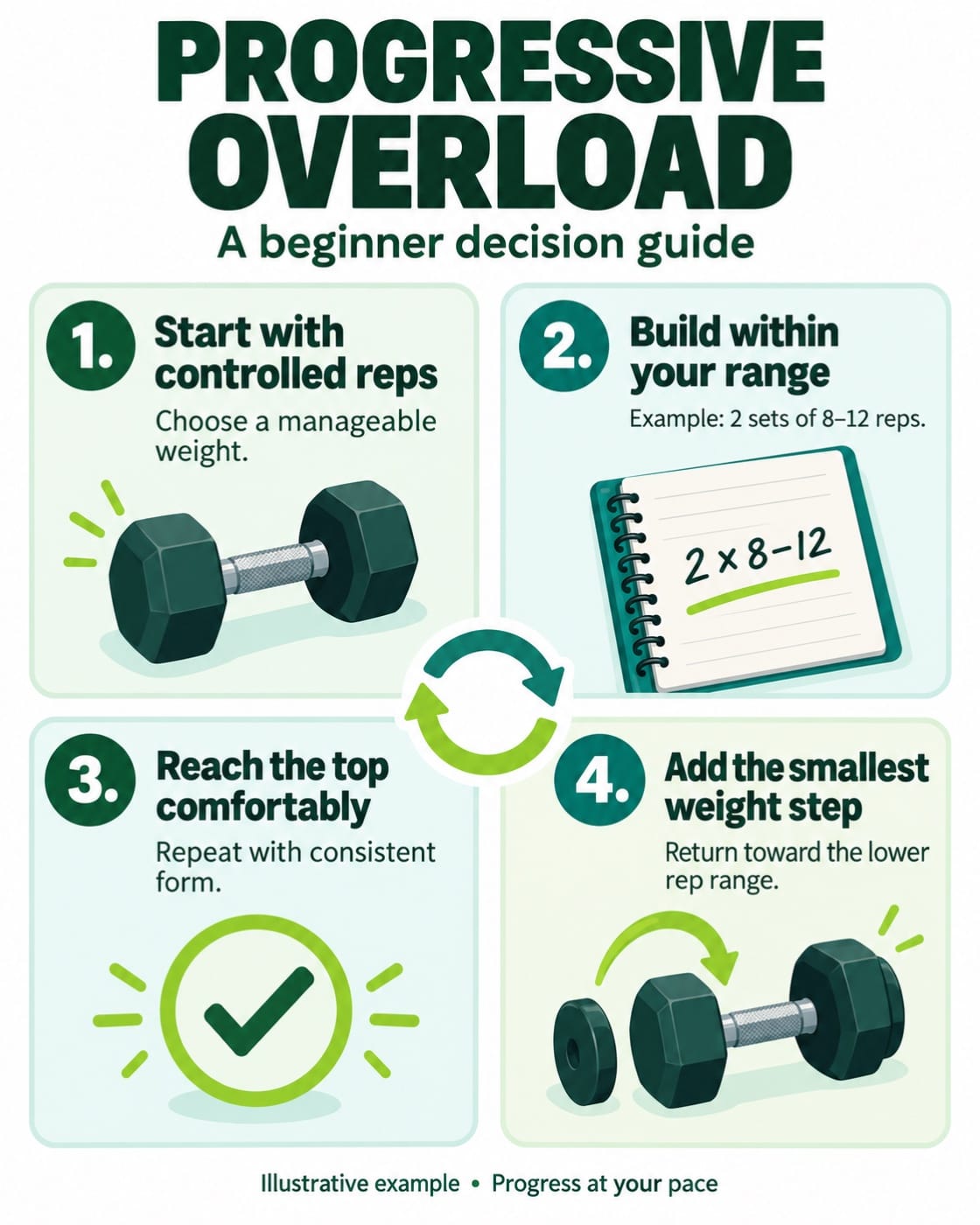 Four-step progressive overload decision guide: controlled reps, build within a range, repeat the top range, then add a small weight step