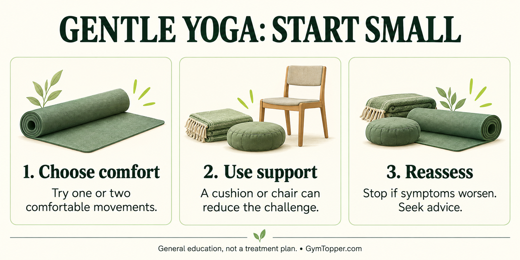 Gentle yoga visual guide: choose comfortable movements, use support, and stop if symptoms worsen
