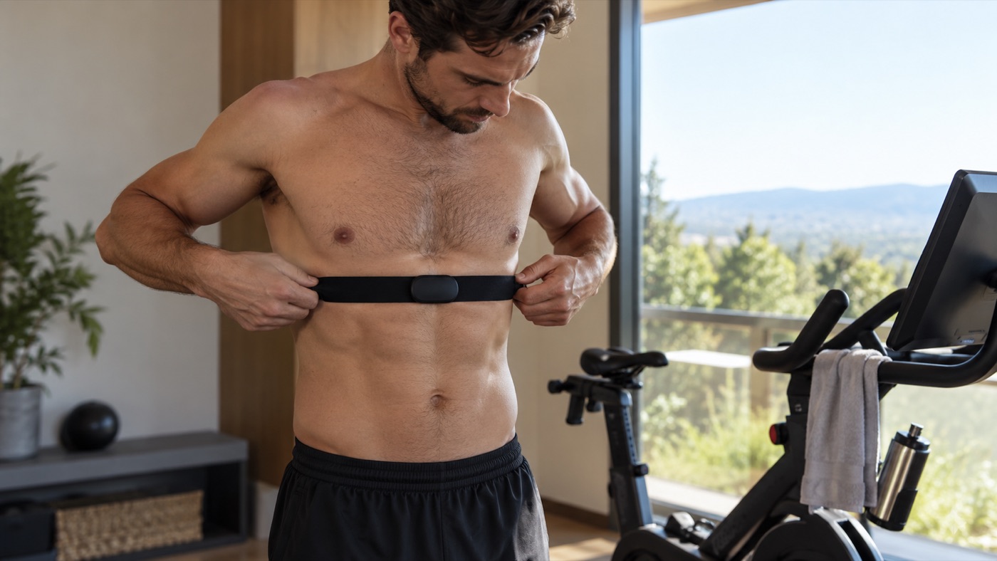 Illustrative heart rate chest strap setup beside a phone and treadmill