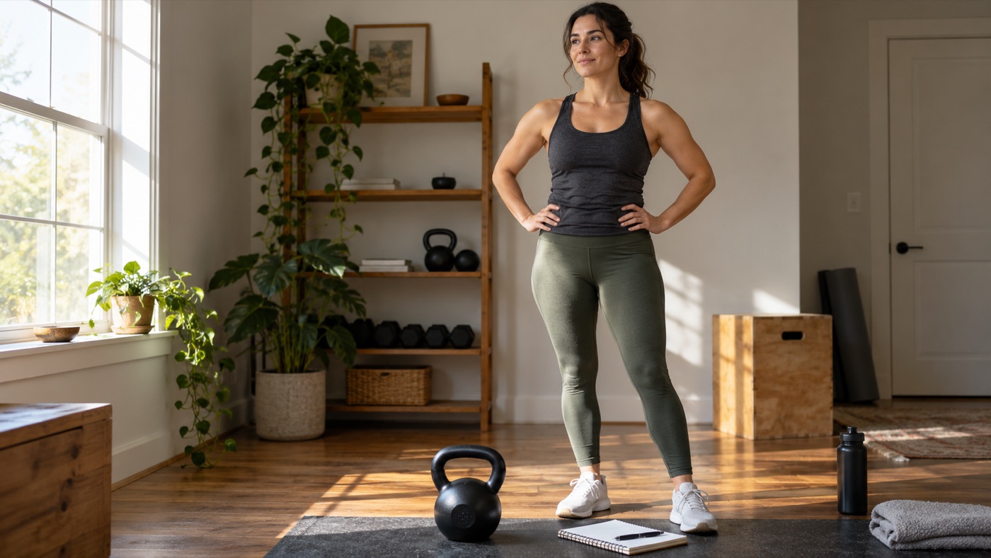 Generic adjustable kettlebell in a compact home workout space