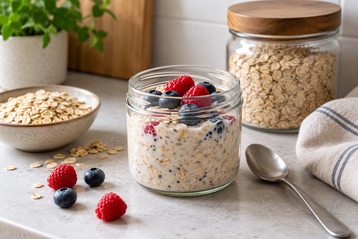 Overnight oats with blueberries and raspberries in a glass jar