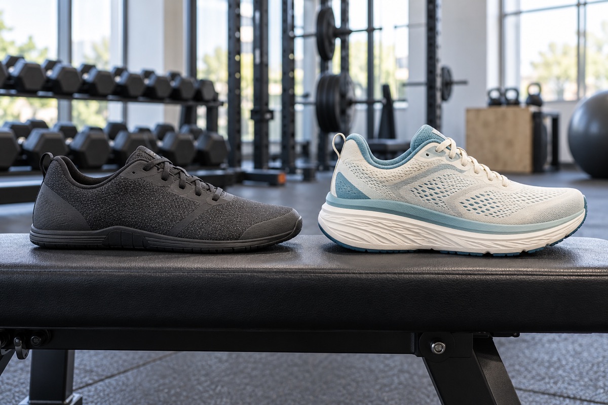 Illustrative comparison of a low-profile gym training shoe and a cushioned running shoe