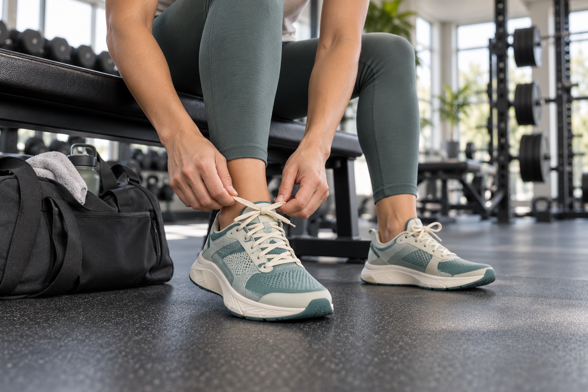Illustration of a gym-goer tying a generic training shoe before a workout